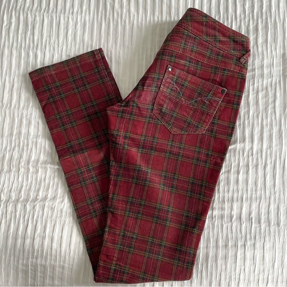 Free People Plaid Burgundy Black Corduroy Low Waist Pants - Picture 7 of 16